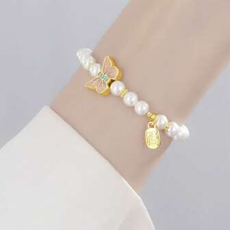 Sterling Silver Butterfly Pearl Bracelet Roasted Blue Pink Butterfly Bracelet Xiaofu Brand Sweet Versatile Gentle Hand Jewelry
