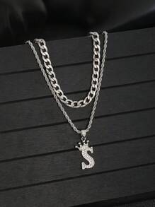 Set da 2 collane multistrato con pendente a forma di corona con iniziale impreziosita da strass, catena intrecciata, personalizzabile con nome da A a Z