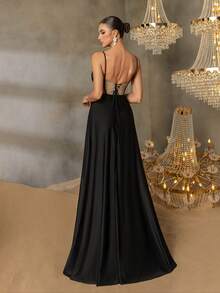 Faeriesty Dünner Spaghettiträger Rücken Schleife Hoher Schlitz Abendkleid Damen Formelles Kleid für Rote Teppich Veranstaltungen, Galas, gehobene Hochzeiten, Firmenbankette, Opernabende - Schwarz - Übersicht 2