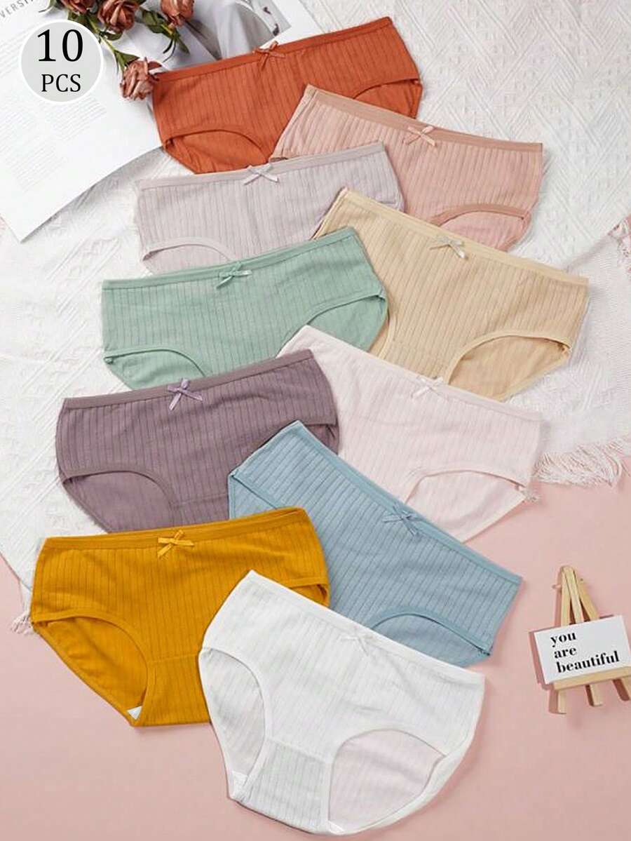 10 Pcs/Pack Teen Girls Solid Color Bow Spiral Vertical Stripe Underwear, Basic Comfortable Sports Leisure Girls Triangle Panties