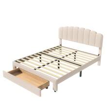 Anajqaqia 140 X 200 Cm Double Bed, Equipped With A Drawer, With Storage Compartment, Bed Frame With Striped Headboard, Without Mattress, Velvet (Beige)