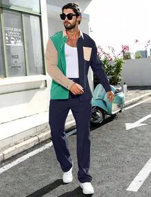 Mens 2 Piece Color Block Outfits Casual Long Sleeve Color Block Shirts And Pants Matching Set Sweatsuit-2025 - Navy Blue - View 4