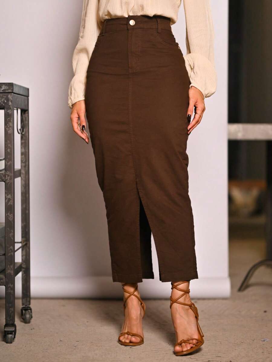 Women's Long Denim Skirt With Front Opening And Elastane Paris Collection - 鏽棕色 - 查看 1