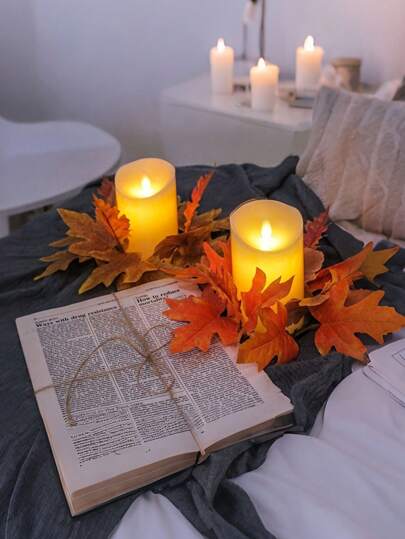 1pc Autumn Artificial Pillar Candles Rings,Fall Fake Leaves Small Wreath,Plastic Maple Leaf Candle Holders For Wedding Party Birthday Indoor Outdoor Garden Door Hanging Decor Halloween Table Centerpiece Back To School Supplies Thanksgiving Christmas Holiday Essentials Gift Home Decor Halloween Decor Room Decor