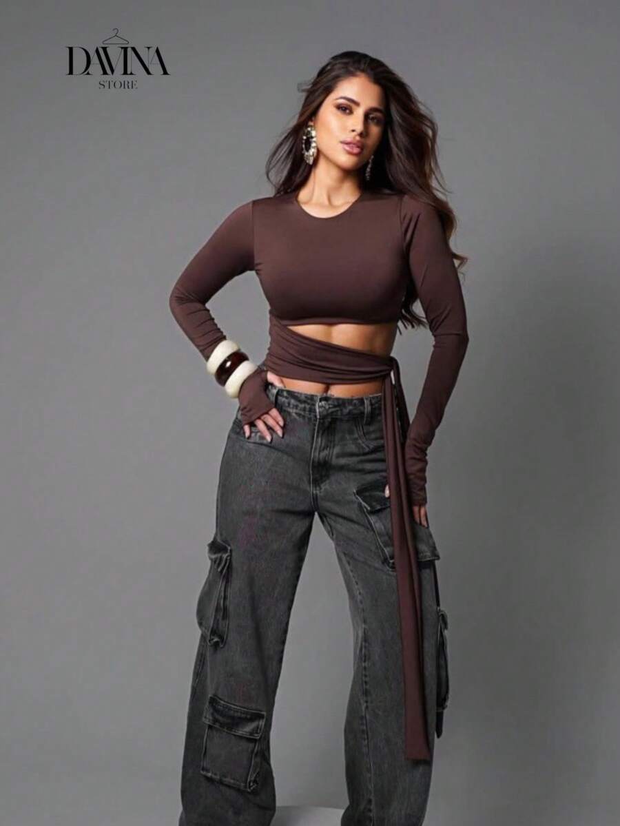 Women's Suplex Cropped Blouses Long Sleeve With Tie At The Waist Disguises Belly Comfortable Autumn Winter Fashion For Foreigners - 鏽棕色 - 查看 1