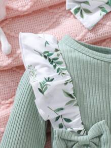 2 Stücke/Set Baby Mädchen Herbst/Winter grün Langarm Spitze Schleife Knopf Blatt Allover Muster Romper und Stirnband Set