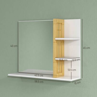HOMCOM Specchiera Bagno con 4 Ripiani in Legno, Specchio da Bagno a Parete Moderno con Mensole, 45x15x58.5cm, Bianco