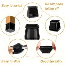 28/20 Square Chair Leg Protection Covers, Black Silicone Felt Furniture Chair Leg Pads, Suitable For Wooden And Tile Floors, Anti-Slip Furniture Leg Caps, Noise-Reducing And Silent Furniture Foot Covers (Multiple Sizes, Suitable For Chair Legs Of 1.3-5.5cm)