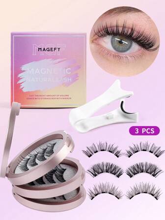 MAGEFY 3 Pairs CC Curl Eyelashes Natural Look Reusable Magnetic Eyelashes With Applicator + Eyebrow Trimmer + Eyelash Curler No Glue Required Magnetic Eyelashes Magnetic Eyelashes Set,