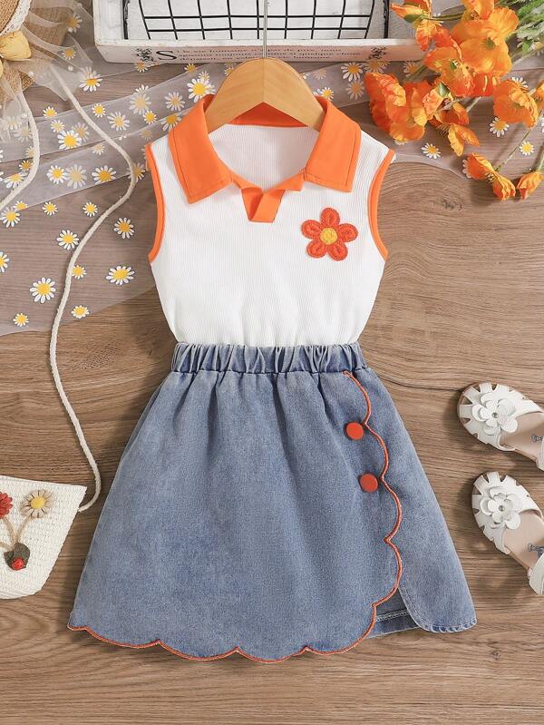 2 Stück Mädchen Sommer Outfit mit Blumen Dekor Ärmellos Top + Unregelmäßiger Stickerei Saum Denim Rock, geeignet für Outdoor-Tragen