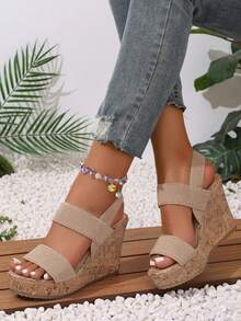 Giày sandal đế xuồng dày dặn cỡ lớn dành cho nữ, sandal đế xuồng cỡ lớn xuyên biên giới châu Âu và Mỹ, sandal cao gót đế dây thừng thời trang, sandal cao gót xỏ chân. - Màu be - Xem 2