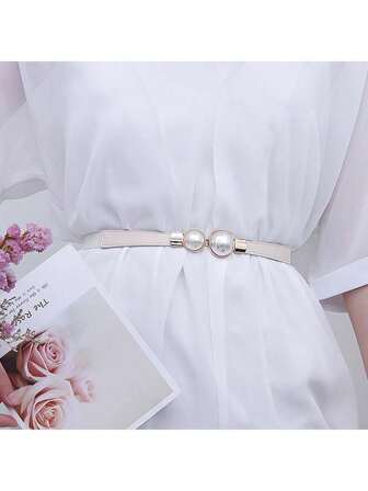 Par de hebillas de perlas, cinturón elástico de cintura para mujer, versátil para suéter, abrigo, vestido, sello delgado de cintura GM113