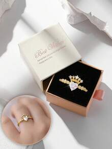 礼盒皇冠形方晶锆石镶嵌心形设计结婚戒指，优雅时尚，适合婚礼、订婚或情人节女士礼物