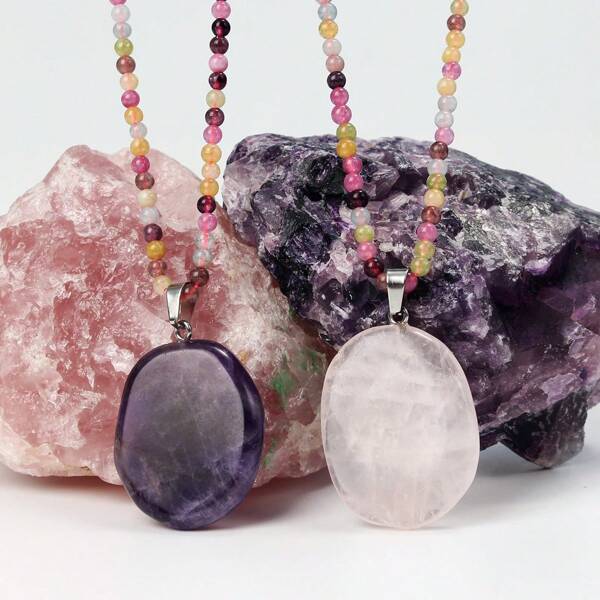 1pc Vintage Tourmaline Beaded Necklace With Natural Amethyst And Rose Quartz Pendant, Suitable For Daily Wear For Women