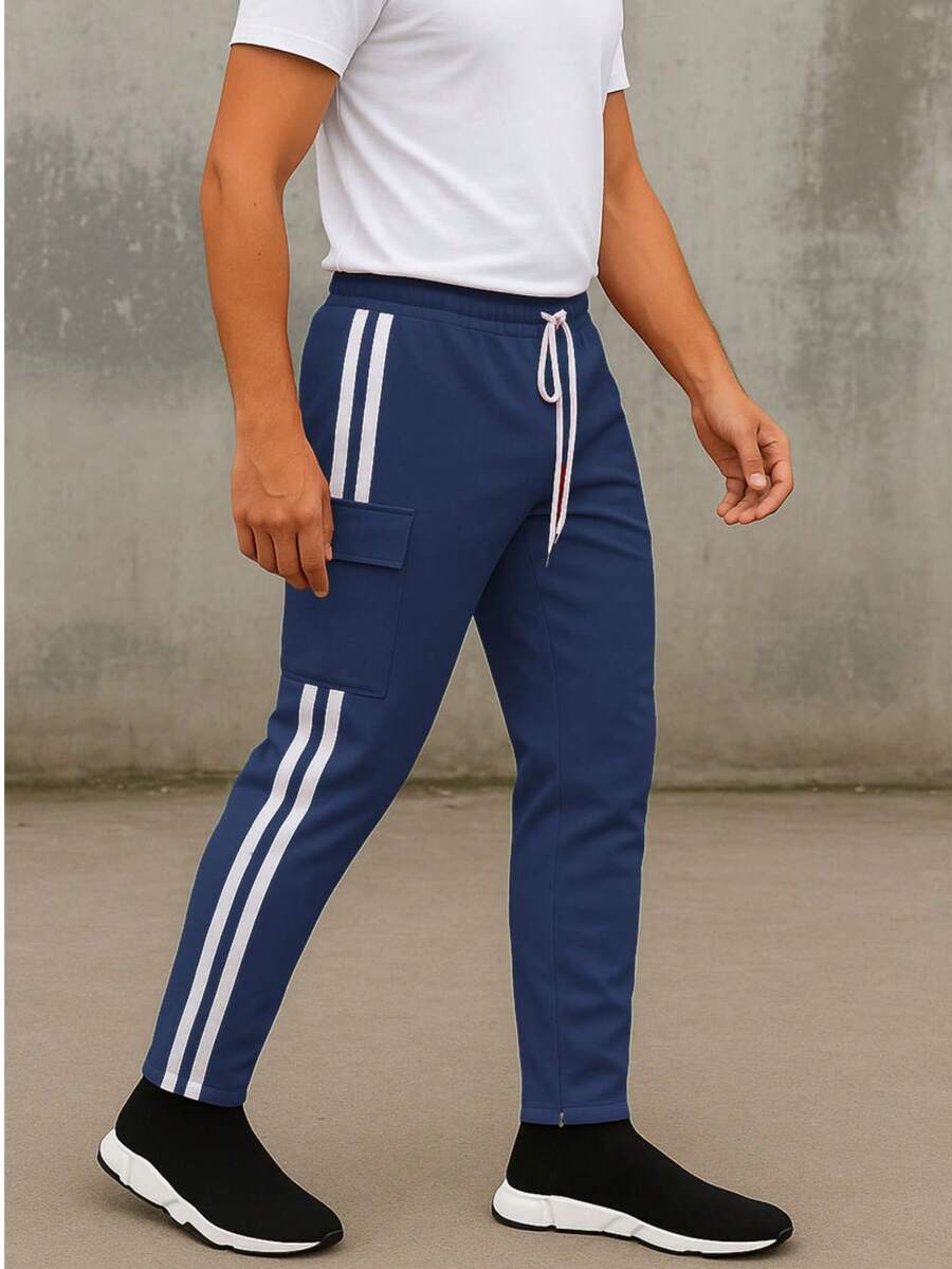 Mens Navy And White Side Stripe Cargo Track Pants Elastic Waist With Drawstring Ankle Zipper Streetwear ACtivewear Gym And Fitness Casual Pants Regular Fit Weekend Casual Night Out Sports Daily - 海軍白 - 查看 1