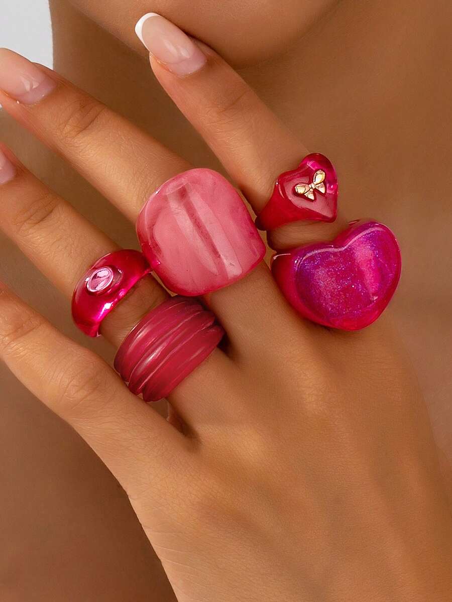 5pcs/Set Unique Heart, Bow Knot, Bubble Design Wide Band Rings Set, Elegant Resin Rings Suitable For Women, Suitable For Music Festivals And Daily Wear - Pink - View 1