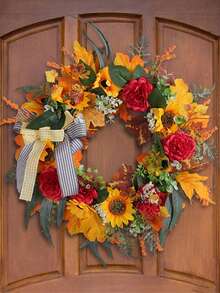 1/2pcs, 17.72inch Orange Maple Leaf, Sunflower Wreath, PVC Sunflower, Eucalyptus Leaf, Bow Design, Classic Home Decor - For Party Background, Fence Wall, Outdoor Decoration, Garden, Window Display, Yard, Holiday Props, Artificial Decoration Fall Decor Halloween Autumn Decor - Multicolor - View 5