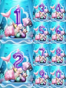 40 件美人鱼主题生日气球套装，40 英寸紫色 0-9 数字铝箔气球，贝壳和美人鱼尾巴形状，适合主题派对场景装饰 - 彩色 - 查看 5