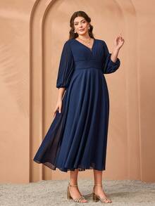 Mgiacy Deep V Neck Sunray Pleat Chiffon Maxi Dress Wedding Spring Party - Royal Blue - View 4