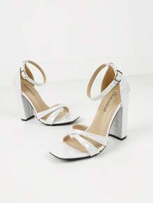 Timesize Lace-Up Women White Sandals, Thick Heel Formal Dress Work Office Shoes For Ladies, High Heels, Summer New Style With Random Patterns - White - View 6