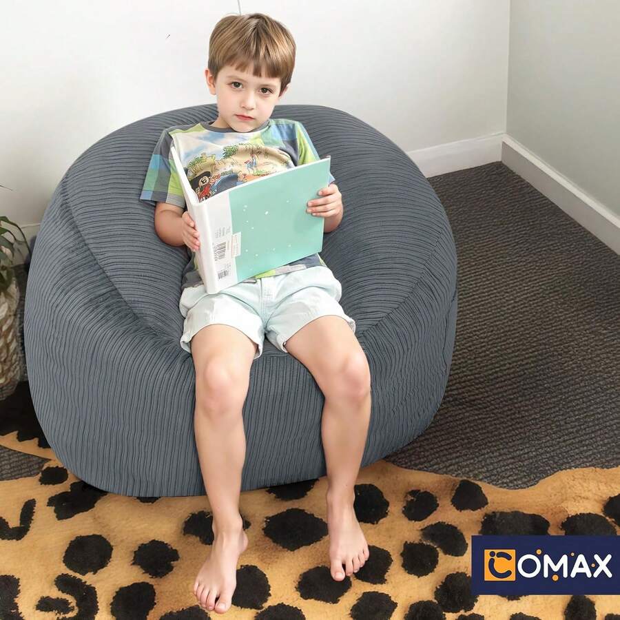 Bean Bag Chair For Kids 8-12, Toddler Beanbag Bed Corduroy, Convertible Child Bean Chair To Floor Mattress With Filler, Kid Reading Comfy Lounge Couch For Boys And Girls Bedroom, Grey - 深灰色 - 查看 1
