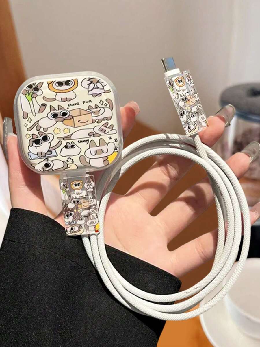 3 件卡通大眼动物图案 TPU 保护壳套装，兼容 Apple UK 20W 适配器充电器和电缆保护器 Nan 充电器配件手机配件