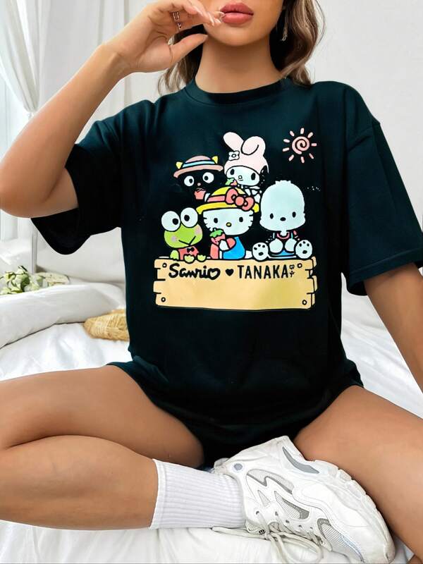 Sanrio Sanrio Hellokitty Family Portrait Big Print Cartoon T-Shirt Ladies' Home Clothes Top White Loose Short Sleeve Summer Joker Couples' Home Clothes Pajamas
