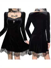 Womens Fashion Solid Color Gothic Dress Casual Long Sleeve High Waist Lace Trim A-Line Dress Elegant Party Wear Stylish - màu đen - Xem 5