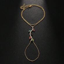 Colorful Leaf Design Beaded Finger Ring Bracelet With Rhinestone Flower Decor, Luxury Fashion Jewelry For Women, Summer - Multicolor - View 4