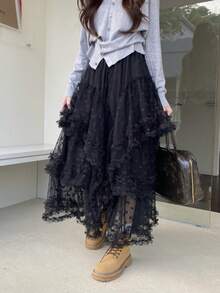 Plus Size Women's Vintage French Style Floral Lace A-Line Long Skirt, Elegant Princess Skirt - Black - View 4