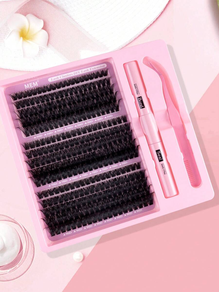 240pcs D-Curl Fluffy Eyelash Extension Kit, Thick 80D Cluster Lash Extension Set, Includes Adhesive And Lash Applicator, Mixed Styles Single Lashes (8-16mm) - màu đen - Xem 1