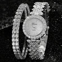 2pcs Women's Fashionable And Casual Quartz Watch, Round Luxury Full Diamond Watch, Paired With Diamond Studded Bracelet Jewelry Combination Set, Suitable For Daily Wear, Festivals And Parties, The Best Gift For Women.