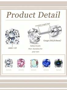 5/1 Pair Fashion Colored Zirconia Men's Earrings Set - Hypoallergenic 316L Stainless Steel Punk Ear Bone Studs For Daily Wear
