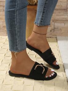 2025 New Flat Slide Sandals, 1 Pair Elegant Vintage Gold Buckle Flat Sandals, Fashion Vacation Beach Casual Shoes, Suitable For Beach, Holiday, Wedding, Party, Office, Home - Black - View 5