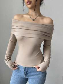Women's Elegant Off Shoulder Ruffle Long Sleeve Solid Color Blouse - Albaricoque - Ver 6