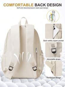 经典休闲背包/学院风背包，大容量女士笔记本电脑背包，轻便书包，男女通用，实用笔记本电脑背包，可装15.6英寸笔记本电脑 - 米色 - 查看 9