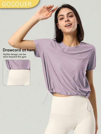 GOSOUER Women's Jacquard Round Neck Loose Adjustable Drawstring Sports Fitness Top Quick Dry Yoga Top T-Shirt