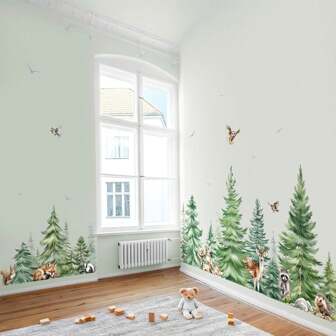 1Set Watercolor Pine Tree Jungle Animals Wall Stickers, Wildlife Woodland Forest Tree Fox Deer Bear Wall Decals,For Playroom,Bedroom,Living Room Home Decor