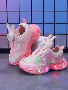 MGO Kidss Tênis infantis MGO primavera e outono, novos tênis com luzes LED, tênis infantis com estampa de borboleta e princesa, com fivela giratória fofa de orelha de coelho, calçados esportivos casuais para meninas de 1 a 6 anos