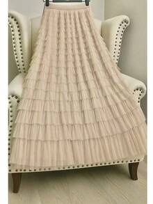 Long Pleated Skirt With Layers Of Ruffles - Various Colors - 卡其色 - 查看 2