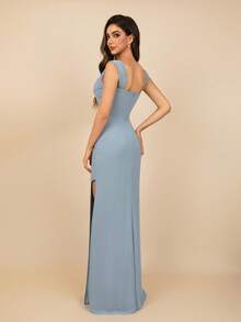 MOEVIO Women's Off Shoulder Ruched Bust Chiffon Cold Shoulder Sexy Backless Split Thigh Long Formal Bridesmaid Wedding Guest Graduation Homecoming Spring Summer Festival Vacation Gown - Dusty Blue - View 3