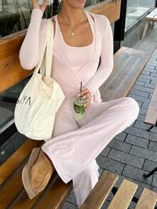 Women 2 Piece Outfits Casual Solid Color Tie Up Hem Wrap Long Sleeves Tops And Elastic Flare Pants Set Streetwear - 粉色 - 查看 5