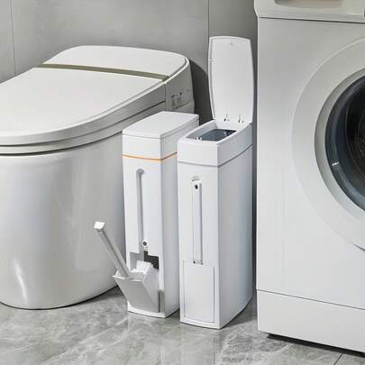 超薄省空间转角垃圾桶，带马桶刷和支架 - 紧凑型长方形浴室垃圾桶，耐用塑料设计，无需用电，兼容卫生纸架，浴室配件，极其节省空间，多功能清洁