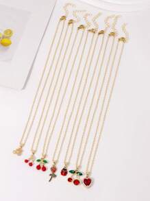 7 Stücke/Set eleganter Schmuckset mit Strass-Anhängern in Form von Kirsche, Herz, Rose, Marienkäfer, mehrschichtige Halsketten, geeignet für Frauen, Alltag, Date, Party, Urlaubsgeschenk
