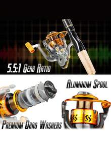 SOUGAYILANG 高性能旋转鱼竿套装，配备 5.5:1 齿轮比、12 个滚珠轴承、1000-3000 系列、高碳材料、优质导环、EVA 手柄、全金属传动系统，适合垂钓凶猛鱼类 - 金色 - 查看 5