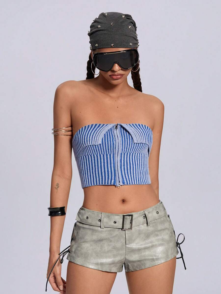 ROMWE Women's Strapless Two-Tone Knitted Zippered Front Top - Blue - View 1