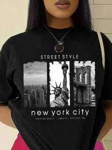 Camiseta de manga corta con estampado de paisaje y letras para el verano, estilo STREET STYLE - New York City, EMPIRE STATE, LIBERTY, BROOKLYN, camisetas gráficas para mujer - Negro - Ver 3