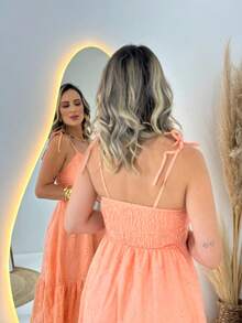 MIDI DRESS WITH TIES ON THE STRAPS IN LAISE - Coral Pink - View 3
