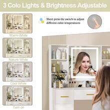 Large Vanity Table With LED Mirror, 3-Color Light And Multi-Tiered Shelves, 7 Drawers With Opening Mirrors. - White - View 6
