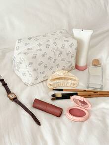 Cute Bear Print Fluffy & Soft Makeup Bag, Zipper Cosmetic Bag, Large Capacity Plaid Toiletry Bag, Travel Skincare & Cosmetics Organizer, Essential For Travel, Vacation, Back To School - Baby Blue - View 7